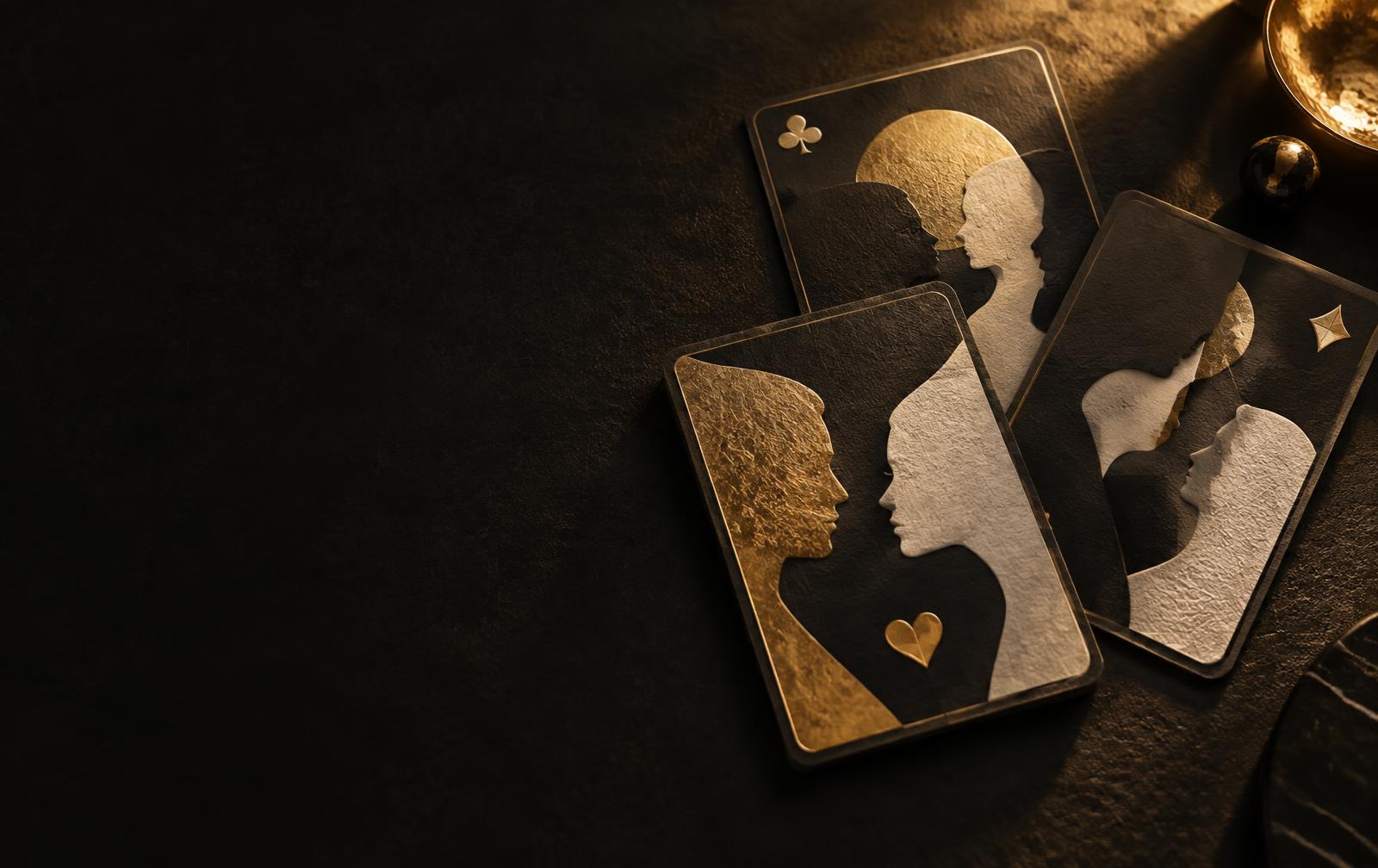 Black and gold illustrated matchmaking cards arranged on a dark table